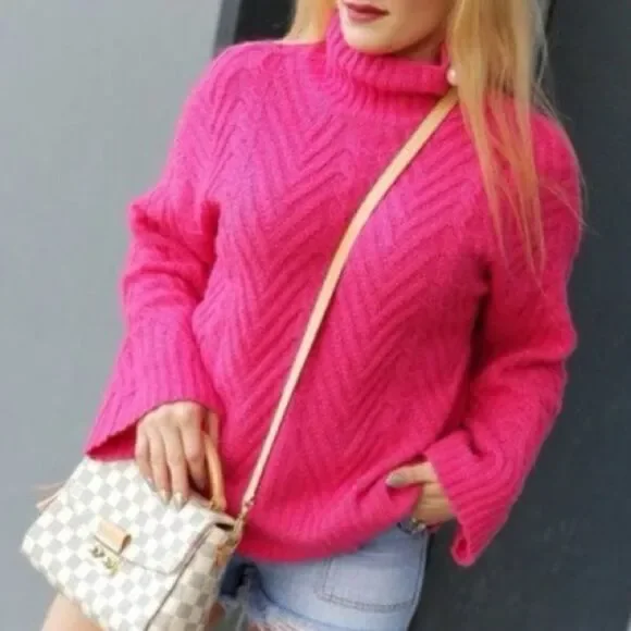 Free People Mock Neck Bell Sleeve Sweater Hot Pink XL - Picture 9 of 9